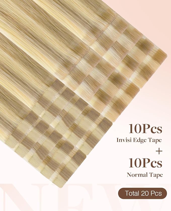 GOO GOO Invisi Edge Tape in Hair Extensions Human Hair, 16/22 Light Blonde Highlighted Golden Blonde 10pcs injected with 10pcs classical tape ins, 24inch 50g, Virgin Remy Hair, Natural Look