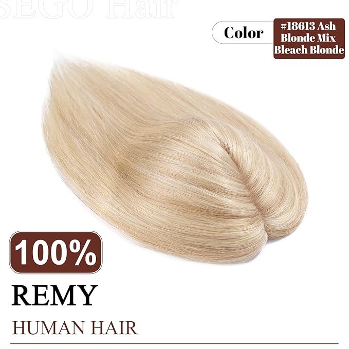 SEGO Real Human Hair Topper for Women without Bangs, Hair Topper with Anti-Slip Clips (16 Inches Ash Blonde Mix Bleach Blonde)