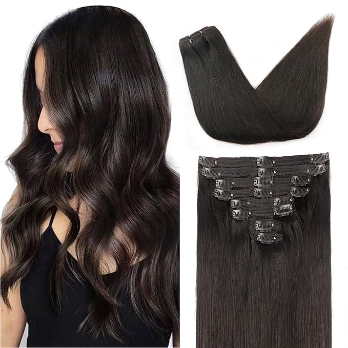 Straight Clip In Hair Extensions Real Human Hair 8Pcs Clip In Dark Brown Human Hair Extensions with 18Clips Lace Weft 120g 18inch #2 Dark Brown
