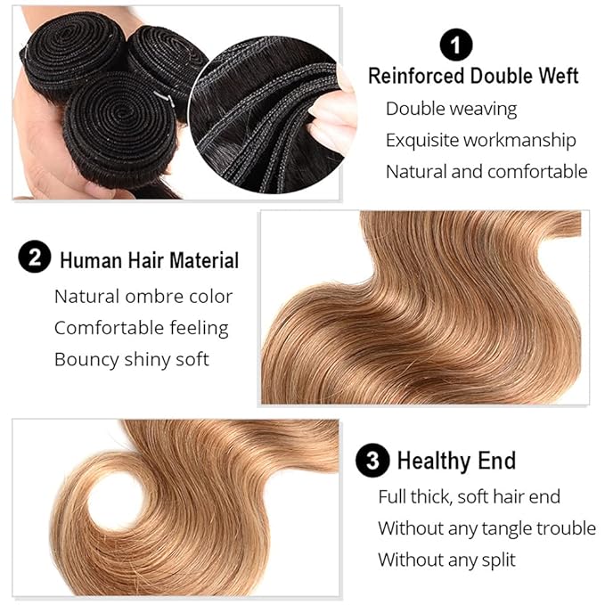 Ombre Blonde Bundles Human Hair 1b27 Body Wave Bundles 18 20 22 Inch 2 Tone Black and Honey Blonde Body Wave Bundle Brazilian Virgin Soft and Silky Remy Hair Extensions 150g
