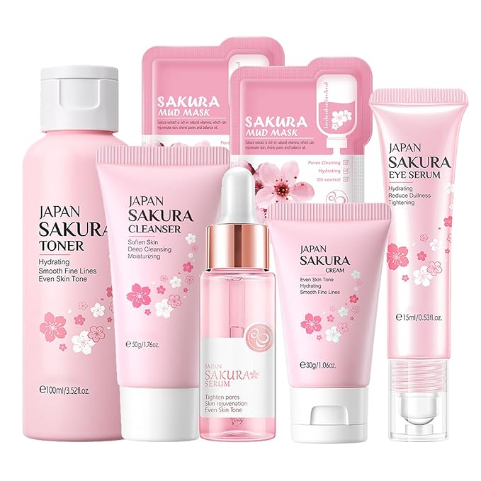 Skin Care Set Sakura Women Beauty Gift Sets Korean Skin Care Kit with Cleanser, Face Serum, Face Cream,Toner,Eye Cream,2Pcs Mud Mask - Skin Care Routine Kit for Women (SetC)