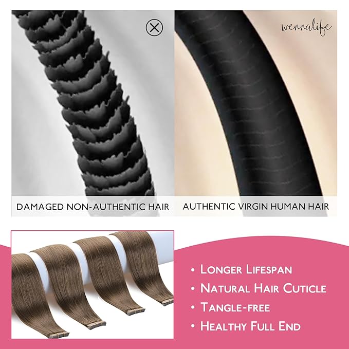 WENNALIFE Tape in Hair Extensions Human Hair Light Ash Brown Tape in Extensions, 10pcs 25g 14 inch Remy Invisible Tape Ins Straight Colored Soft Real Human Hair Tape in Extensions Refill Set