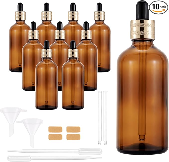 10 Pack 100ml Amber Glass Dropper Bottles with Droppers, Funnels & Labels for Essential Oils, 3.38oz Eye Dropper Bottles with Golden Caps, Brown Empty Glass Tincture Vials for Travel