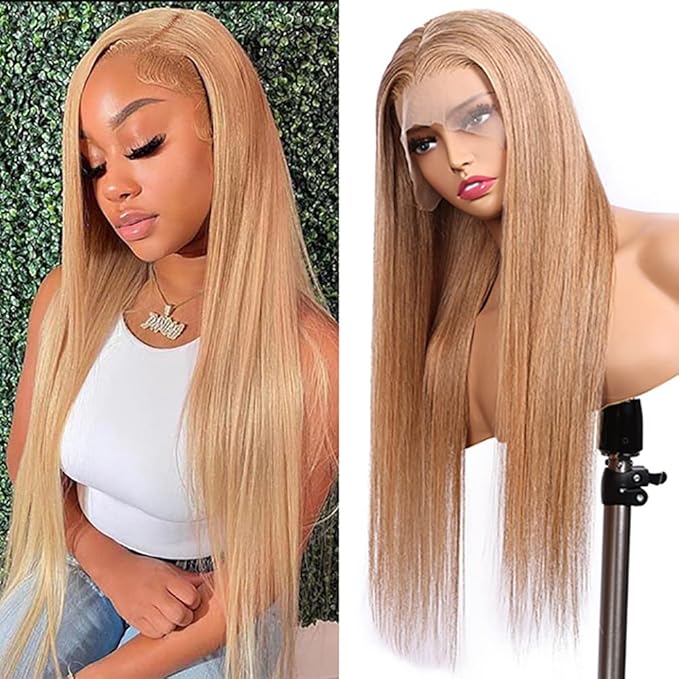 Honey Blonde Straight 13x4 Lace Front Human Hair Wigs with Baby Hair Pre Plucked Brazilian Virgin Hair Transparent HD Lace Frontal Wig for Black Women 180% Density 14 Inch