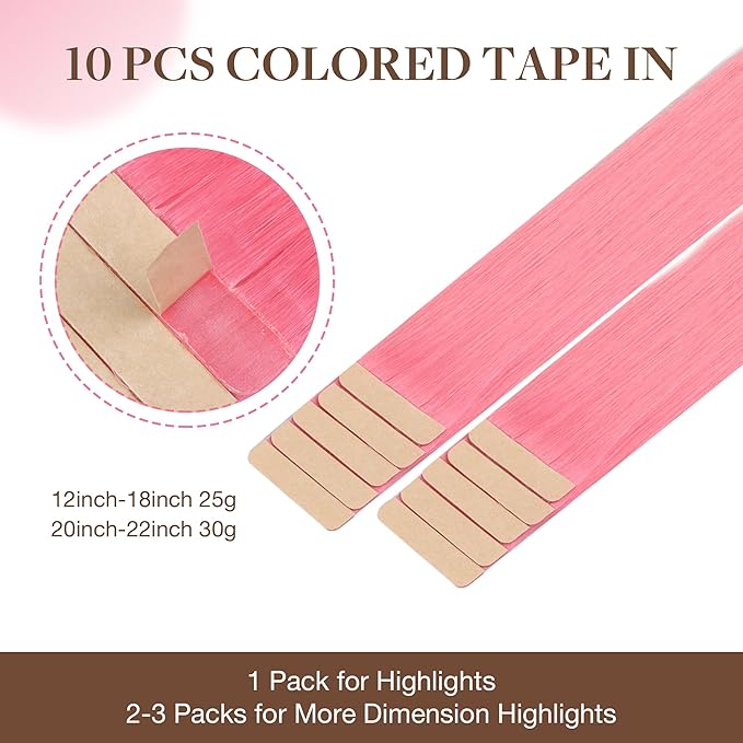 GOO GOO Tape in Hair Extensions Human Hair, Peach Pink, 14inch 25g 10pcs, Colored Tape ins Human Hair Extensions, Silky&Soft Invisible Tape Ins, Hair Highlighted for Party