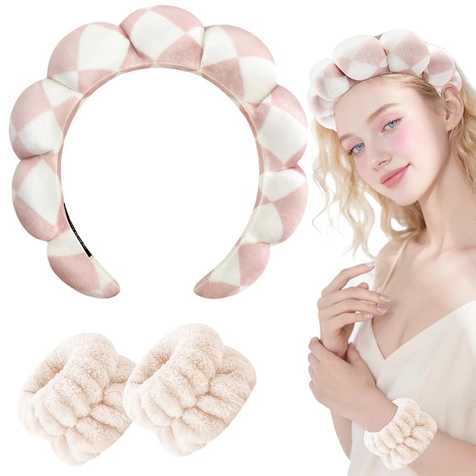Zkptops Spa Headband for Washing Face Wristband Set Sponge Makeup Skincare Velvet Fabric Bubble Soft Get Ready Hairbands for Women Puffy Headwear Non Slip Thick Thin Hair Accessory (Checkered)