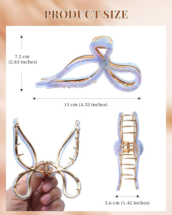 Mesovor 2 Pack Gold Metal Bow Hair Claw Clips, Nonslip 4.3" Large Hair Grip Hairclips for Thin and Thick | Acrylic Metal Strong Hold Claw Clip (Mermaid Colorful)