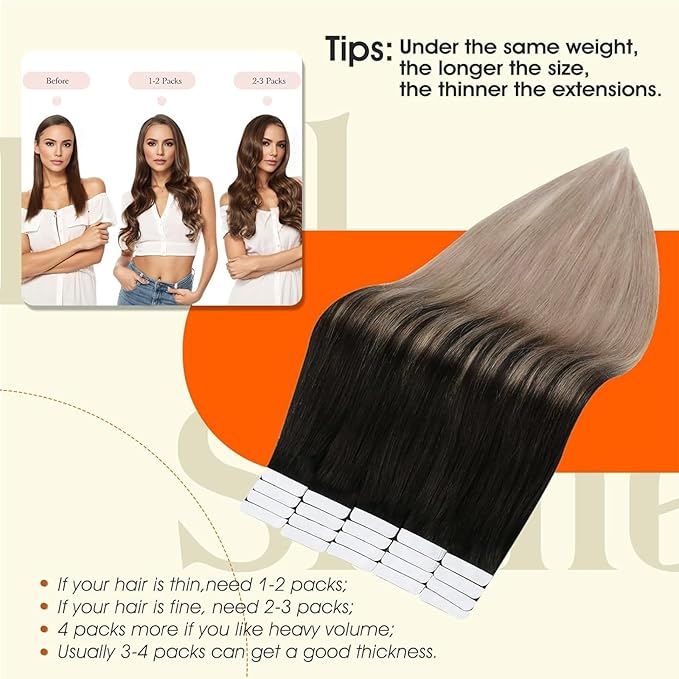 Full Shine Tape ins Human Hair Extensions Color 1B Black Ombre 18 Ash Blonde Remy Hair Extensions Real Human Hair Tape in 22Inch 50Gram Straight Seamless Skin Weft 20Pcs Add Volume