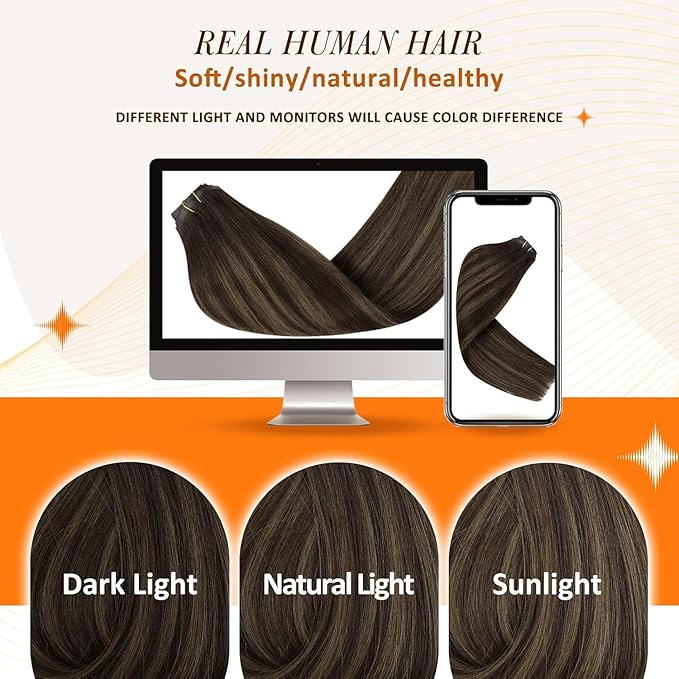 Full Shine Human Hair Clip in Extensions Balayage Dark Brown to Ash Brown Highlights Hair Extension Clip ins with Thick Ends for Women 18 Inch 120 Grams 8 PCS