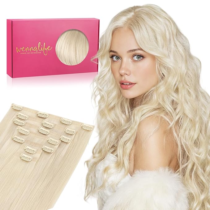 WENNALIFE Seamless Clip In Hair Extensions Human Hair, 12 Inch 80g 7pcs Platinum Blonde Real Hair Extensions Clip in Human Hair Invisible PU Skin Weft Natural Remy Hair