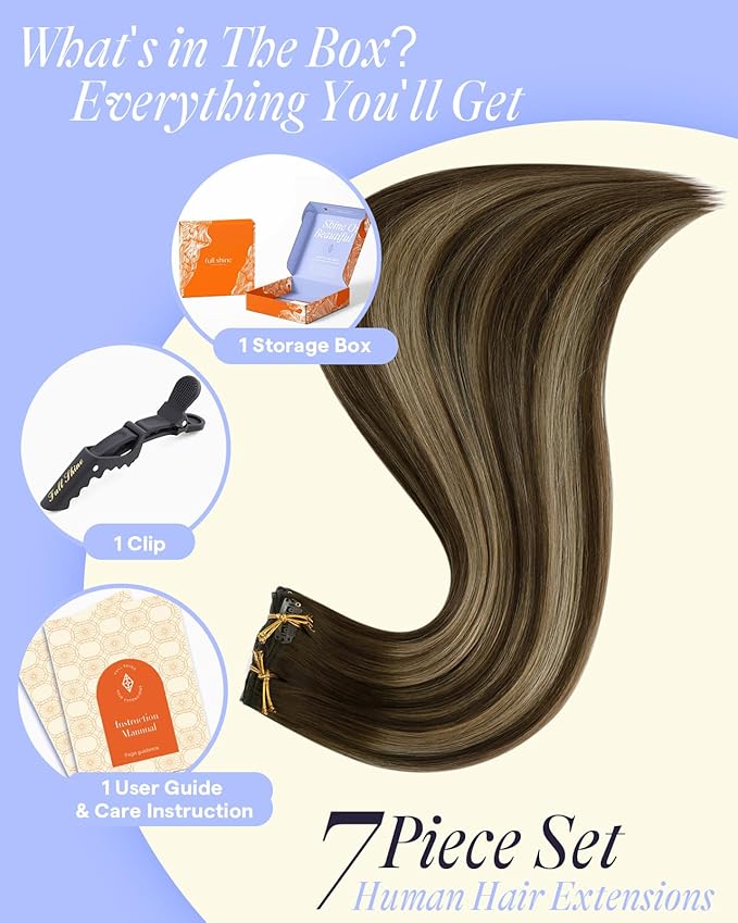 Full Shine Real Hair Clip in Extensions Human Hair 20 Inch Balayage Medium Brown to Honey Blonde Clip Hair Extensions 150 G 7 Pcs