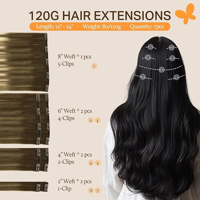 DOORES Clip-in Hair Extensions, Balayage Dark Blonde Highlighted Bleach Blonde 80g 12 Inch, 7pcs Remy Clip-in Hair Extensions