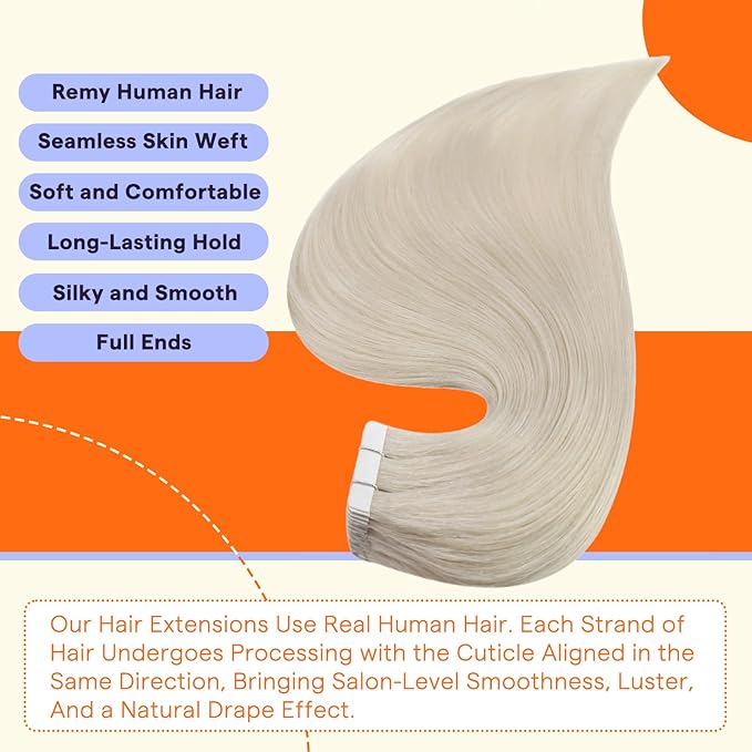 Full Shine Tape in Hair Extensions Human Hair Color 1000A Blonde 18 Inch Natural Invisible Double Sided Remy Hair Extensions Tape in 50 Grams Straight Seamless Skin Weft Extensions 20PCS for Women