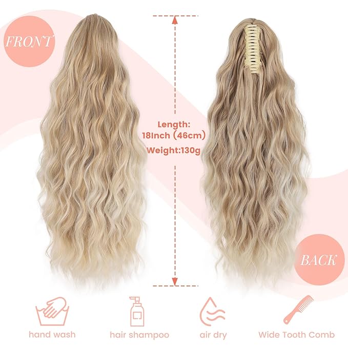 Claw Wavy Ponytail Extension 18" for Women Curly Pony Tail Clip in Hair Extensions Shoulder Length Fluffy Natural Looking Synthetic Hairpiece for Daily Use (Blonde to Light Blonde)