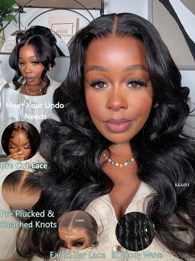 KLAIYI Wear And Go Glueless Wig Bye Bye Knots 13x4Precut Lace Front Wigs Human Hair Loose Body Wave Wig Pre Bleached Pre Everything Pre Plucked with Baby Hair 3S Ready to Wear Beginner Friendly 26Inch