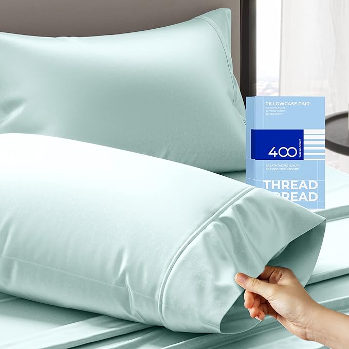 THREAD SPREAD 100% Cotton King Size Pillow Cases Set of 2-400 Thread Count Pillow Cases King Size Set of 2 (Sea Foam), Luxuriously Soft Hotel Quality Sateen Weave Pillowcases, Crisp & Cool