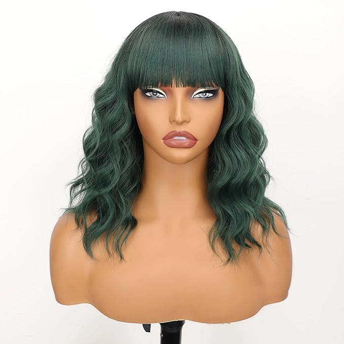 Nnzes Ombre Green Wigs with Bangs for Women Short Bob Synthetic Wigs Shoulder Length Wavy Heat Resistant Hair for Daily Party Use