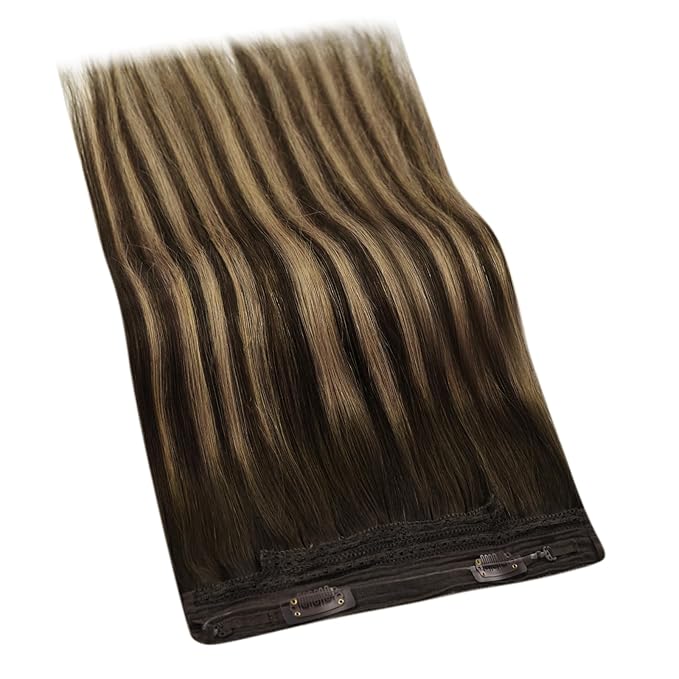 YoungSee 135G Wire Human Hair Extensions Brown Balayage Hair Wire Chocolate Brown Mix Caramel Blonde Balayage One Piece Hair Extensions Long Straight Hair 24Inch