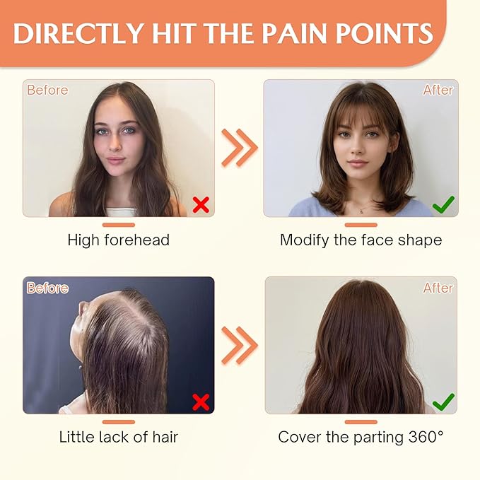 Benehair Clip in Bangs 100% Real Human Hair Extensions 360° Cover Clip on 3D Wispy Bangs for Women Topper Hairpieces for Women Medium Brown