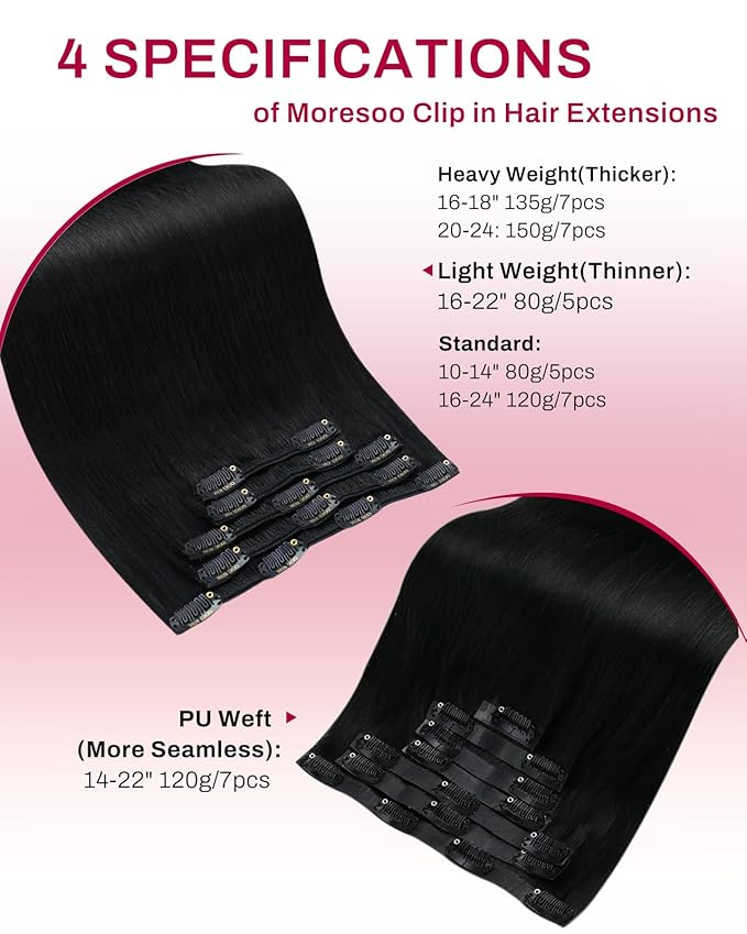 Moresoo Jet Black Clip in Hair Extensions Human Hair Jet Black Human Hair Extensions Clip ins Short Remy Human Hair for Women Double Weft 80g/5pcs 10 inch