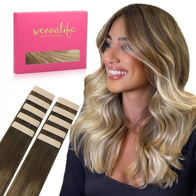 WENNALIFE Tape in Hair Extensions Human Hair Ombre Walnut Brown to Ash Brown and Bleach Blonde Tape in Extensions, 10pcs 30g 22 inch Remy Invisible Tape Ins Straight Real Human Hair Tape in Extensions