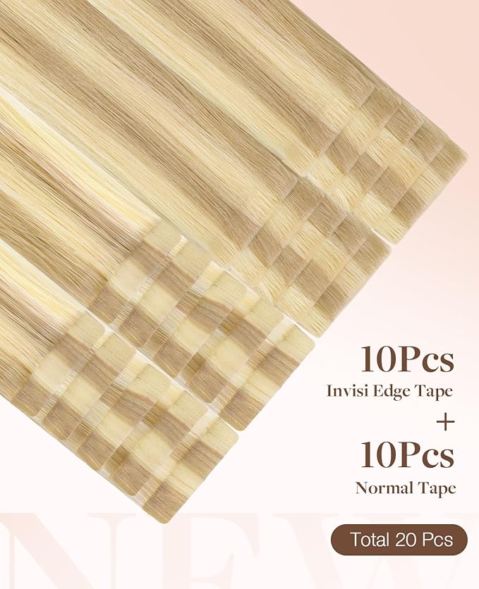 GOO GOO Invisi Edge Tape in Hair Extensions Human Hair, 18D/22F Dirty Blonde Highlights10pcs injected with 10pcs classical tape ins, 18inch 50g, Virgin Remy Hair, Natural Look