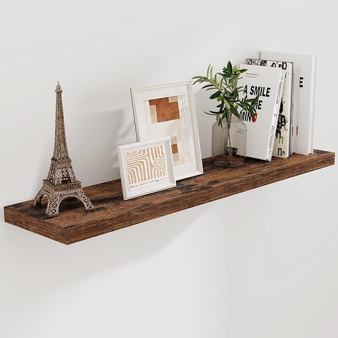 Floating Shelves 48 Inch Long, 48"W x 9"D Wall Shelf Invisible Bracket, 9 Inch Deep Floating Shelf for Wall, Rustic Wooden Shelves for Living Room, Kitchem, Bedroom, Rustic Brown Color, Set of 1
