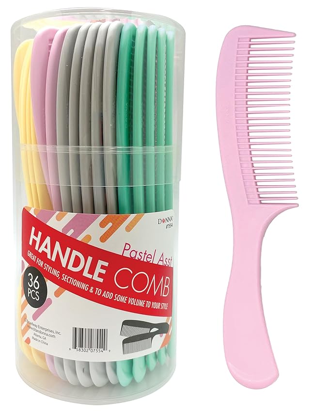 DONNA Handle Comb, Pastel Assorted (36 Pack) – Ergonomic Styling & Detangling Comb for All Hair Types – Medium/Fine Teeth – Salon & Home Bulk