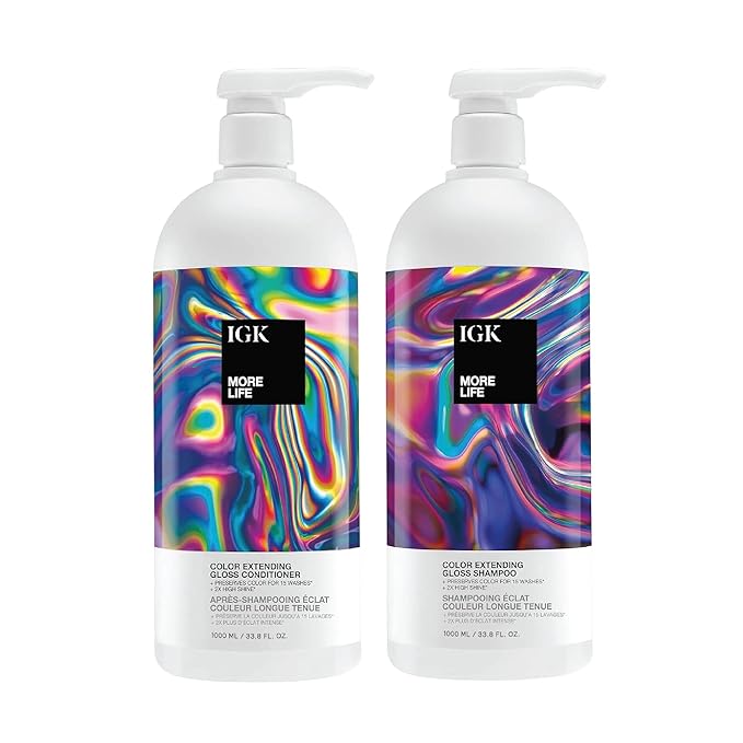 IGK MORE LIFE Color Extending Gloss Shampoo and Conditioner Set | Preserves Color Treated Hair | UV Protection | Vegan + Cruelty-Free | 1 Liter