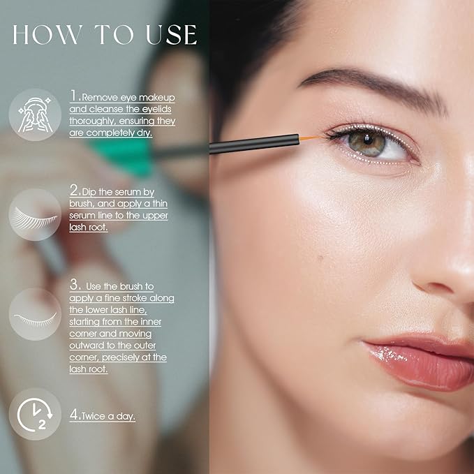 Eyelash Growth Serum: Promotes natural lash growth for longer, thicker, and stronger lashes while nourishing lash health. Vegan, cruelty-free & gentle on sensitive eyes. 3mL (2-month supply)