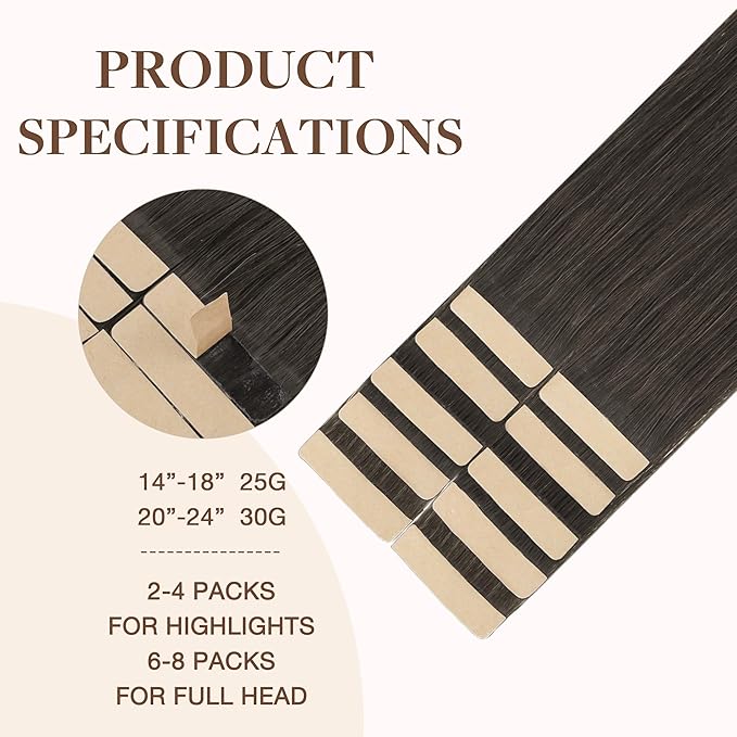 GOO GOO Tape in Hair Extensions Human Hair, 1C Mocha Brown, 24inch 30g 10pcs, Skin Weft Seamless Invisible, Silky Straight with Thick Ends, Remy Human Hair