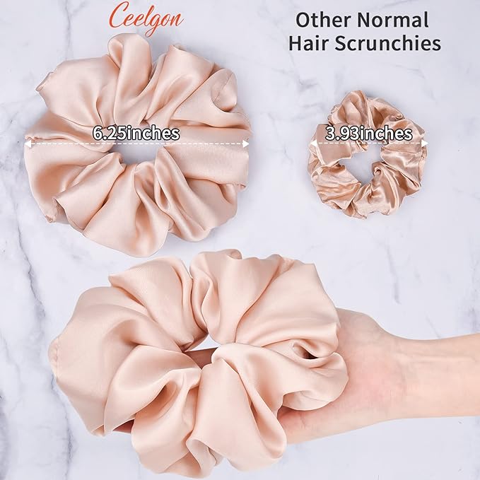 CEELGON Big Real Silk Scrunchies for Women Extra Large Scrunchie Satin Oversized Silk Scrunchy for Thick Hair Elastic Hair Ties Jumbo Hair Scrunchies 6 Pack (black,white,mulberry,champagne,blue,green)