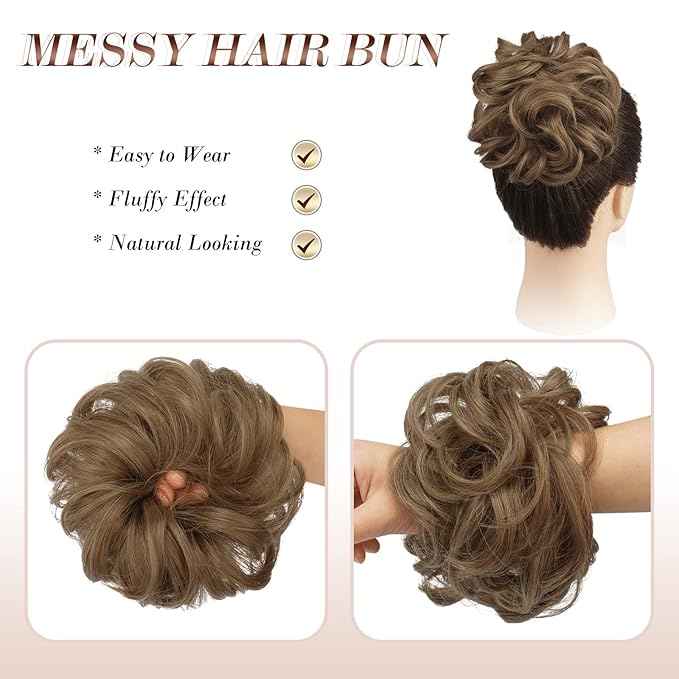 FESHFEN Messy Bun Hair Piece - Large Elastic Wavy Curly Hair Bun Scrunchies Ponytail Extensions Synthetic Chignon Hairpieces for Women, Light Brown mix Natural Blonde 1.94oz
