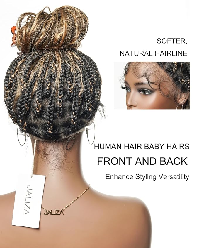 Human Hair Boho Curls Hand-Tied HD Full Lace Wig - 24" Salon-Level Small Box Synthetic Braids (80 Braids, Medium Density) Pre-Cut Swiss HD Lace, Pre-Plucked, Tangle-Free - 1B/27 Honey Blond