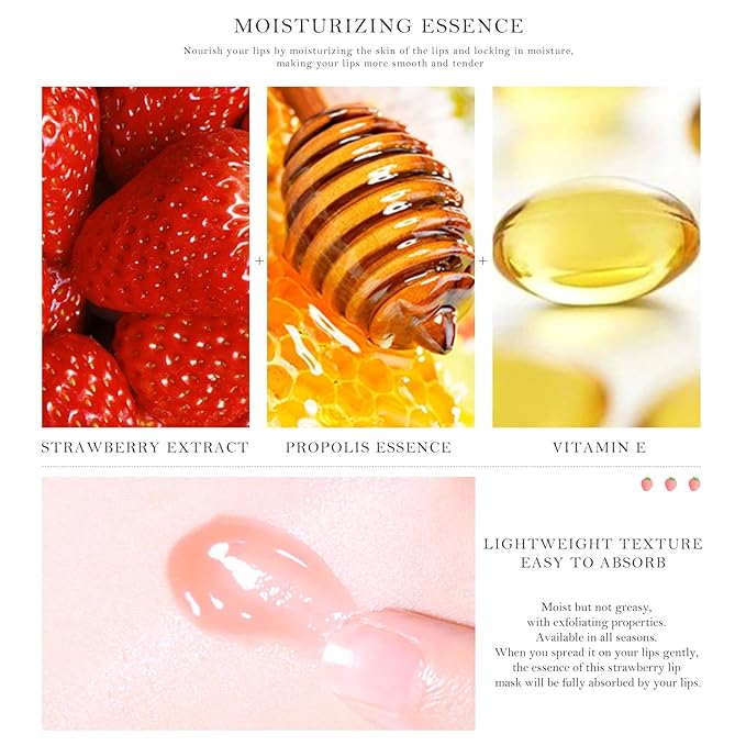 2Pcs Honey Strawberry Lip Balm Honey Pot, Strawberry Lip Sleeping Mask, Overnight Lip Sleeping Mask, Honey Balm Lip Balm Pot, Honey Lip Mask Nourish Lip Scrubs Exfoliator Honey/Strawberry