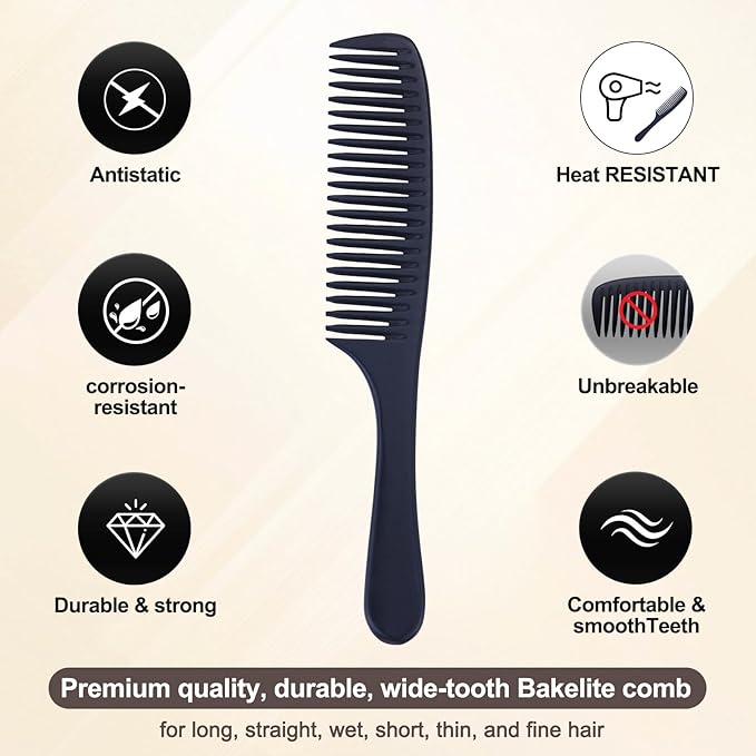 PERFEHAIR Wide Tooth Detangling Comb for Women - Large, Thick, Durable Bakelite Anti-static Hair Comb for Straight, Wet, Short, Thin Fine Hair - Black, Professional Hair Detangler