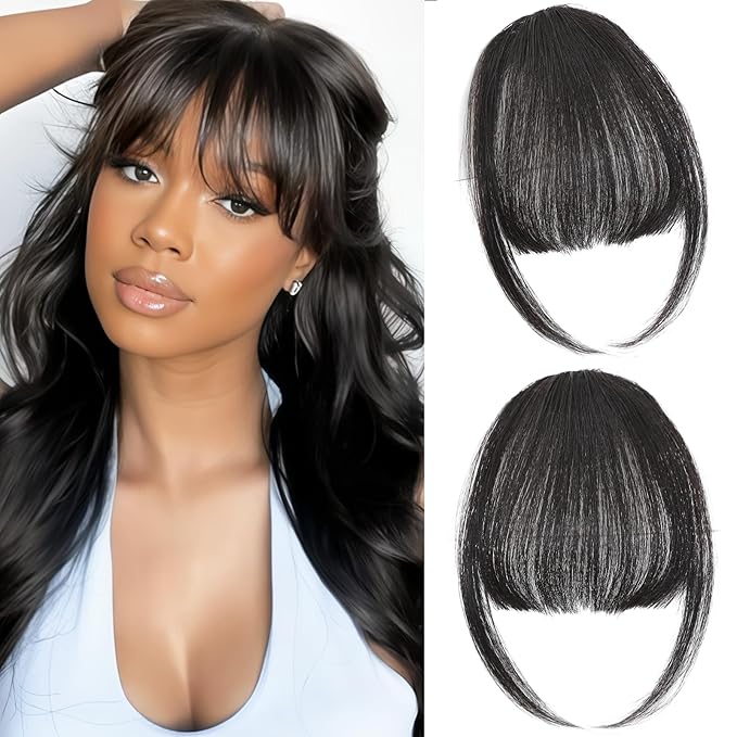 Clip in Bangs 100% Real Human Hair, Wispy Bangs Hair Clip, Fake Bang Fringe with Temples Hairpieces for Women Daily Wear (Natural Black, Wispy Bangs)