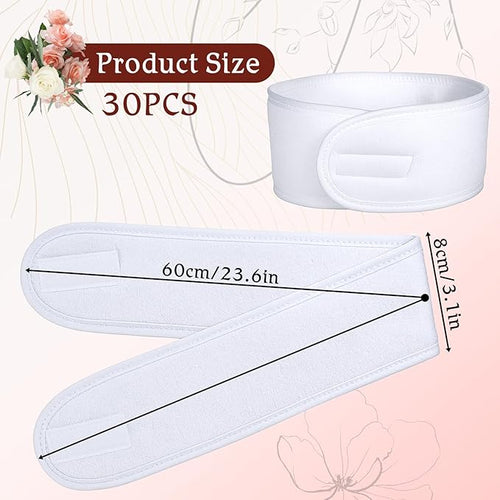 30 Pcs White Spa Headband, 23.6 x 3.3 Inch Soft Facial Headband Esthetician with Hook and Loop Tape Adjustable Terry Cloth Makeup Hair Wrap for Women Girls for Shower Face Washing Yoga Sports Makeup