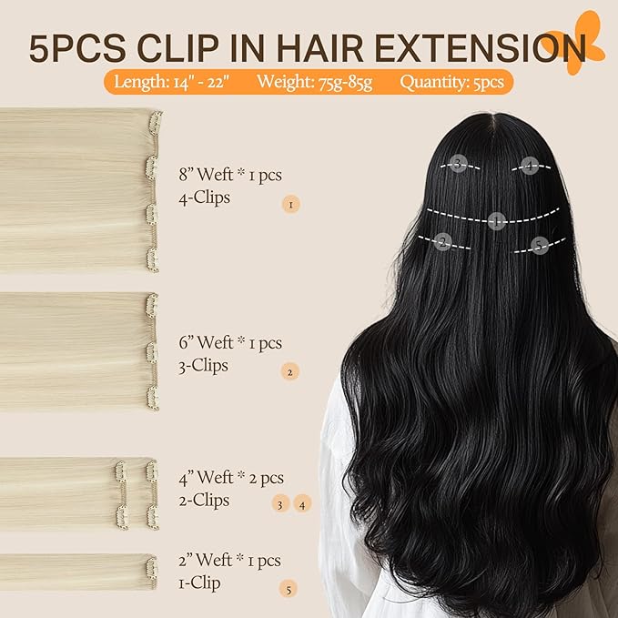DOORES Hair Extensions Clip in Human Hair, 85g 5pcs Platinum Blonde 22 Inch Remy Clip in Human Hair Extensions Natural Straight