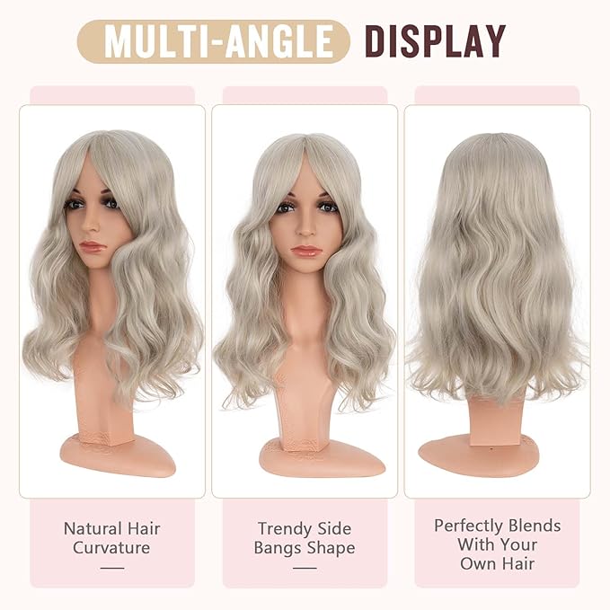Hairro 18 Inch Long Hair Toppers Wavy with Side Bangs for Women, Clips In Synthetic Hairpieces Capless, for Adding Volume/Birthday/Party/Halloween/Cosplay Dress Up, Grey Mixed Light Blonde