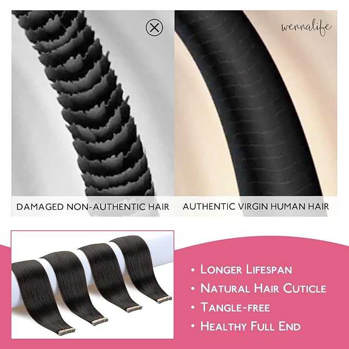 WENNALIFE Tape in Hair Extensions Human Hair Natural Black Tape in Extensions, 10pcs 25g 16 inch Remy Invisible Tape Ins Straight Colored Soft Real Human Hair Tape in Extensions Refill Set Extensions