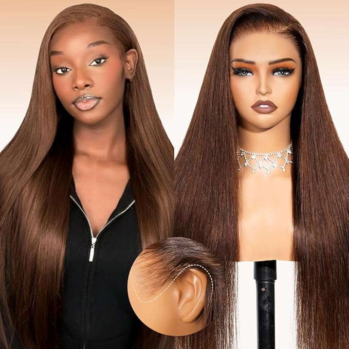 Arabella 13x6 Chocolate Brown Lace Front Wig 210% Brown Glueless Wig Human Hair Real HD Lace Front Wig True Pre Plucked Pre Bleached Pre Cut Glueless Wig (22inch,13x6 Chocolate Brown Straight wig)