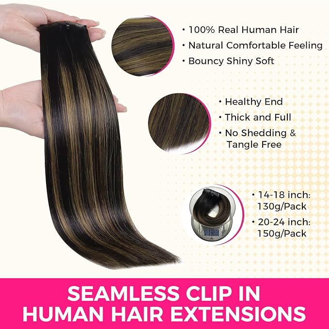 Lashey Seamless Clip in Hair Extensions Human Hair 150g 9pcs Straight Natural Black Mixed Chestnut Brown 20 Inch Clip ins with Soft PU Weft Invisi Edge Hair