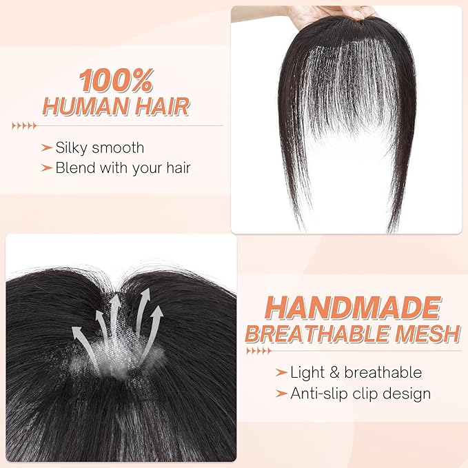 Benehair Clip on Bangs for Women Human Hair, Fake Bangs Clip Human hair, French Bangs Clip in Hair Extensions Hair Pieces with Temples for Daily Wear (Natural Black)