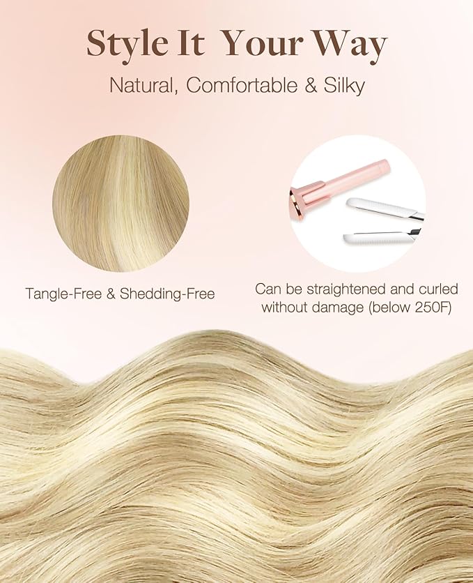 GOO GOO Invisi Edge Tape in Hair Extensions Human Hair, 18A/613A Dark Blonde Highlighted Bleach Blonde, 6pcs 12inch 15g, Virgin Remy Hair, Seamless Injected Tape, Natural Look
