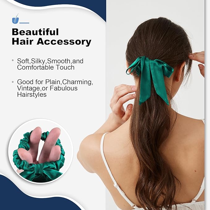 1 Piece Silk Bow Scrunchies for Hair-100% Pure Mulberry 22 Momme Silk Hair Tie, Elastic Ponytail Holder, Elegant Soft Bow Hair Ties Band for Women Hair Care, Multiple Colours (Blackish Green)