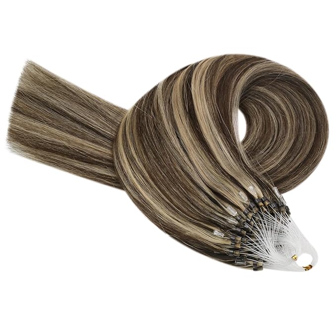 YoungSee Micro Link Hair Extensions Human Hair Highlight Micro Loop Hair Extensions Real Human Hair Dark Brown Highlighted Blonde Invisible Beaded Hair Extension Long Hair 24In for Wedding 50g 50s