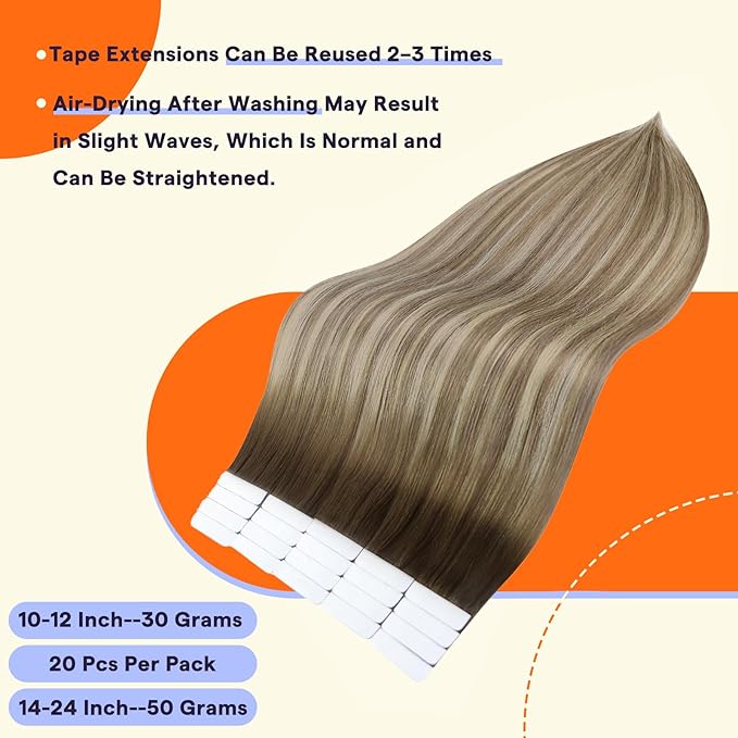 Full Shine Tape in Hair Extensions 18 Inch Seamless Human Hair Extensions Tape Ins Ombre Color 3 Dark Brown Fading to 6 and 22 Adhesive Tape in Extensions 20 Pcs 50 Gram Remy Hair Add Volume