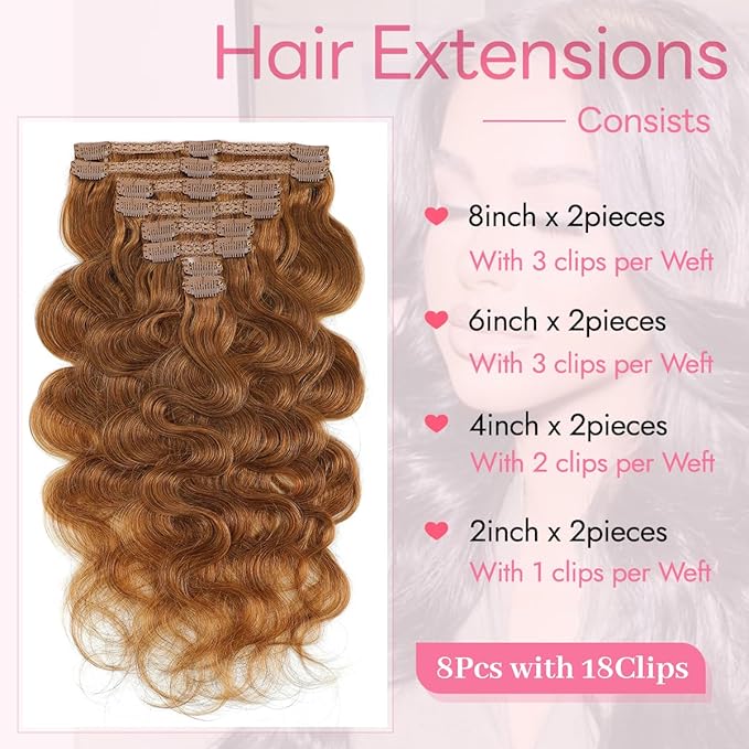 Clip in Hair Extensions Real Human Hair Body Wave 6 Chestnut Brown Clip in 100% Brazilian Remy Human Hair Extensions 8pcs Per Set with 18 Clips Double Weft 24 Inch 120g/3.6oz