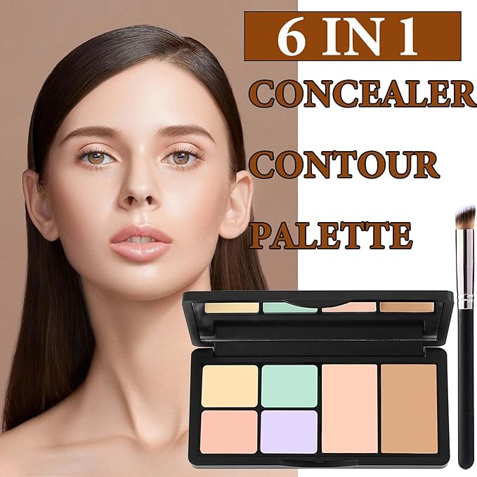 6 Colors Correcting Concealer Contour Palette,Concealer Cream Contour Makeup Palette,Contouring Foundation Highlighting Makeup Kit with Brush（01#）